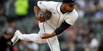 Tigers starting pitcher Framber Valdez (59) throws a pitch against the Boston Red Sox in the first inning at Comerica Park.