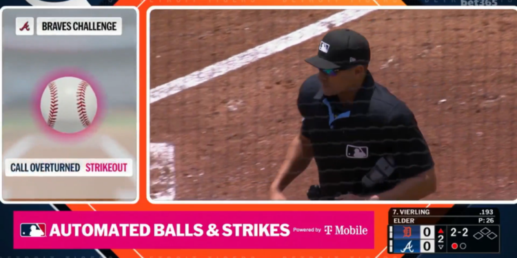 A call is overturned during a Tigers-Braves game on Thursday that was clearly not a ball.