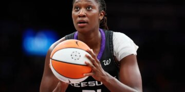 Tina Charles holding a basketball, looking up.