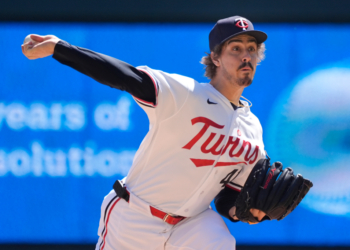 Minnesota Twins pitcher Joe Ryan mid-throw.