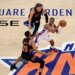 Mikal Bridges and Jalen Brunson trip Tyrese Maxey during the Knicks' win over the 76ers.
