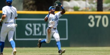 A baseball player in a UCLA uniform catches a fly ball in the outfield.