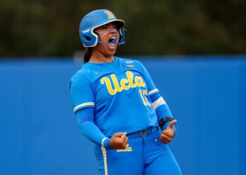 Jordan Woolery of UCLA celebrates after a play.