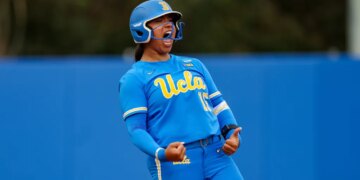 Jordan Woolery of UCLA celebrates after a play.