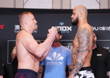 Sergei Pavlovich and Tallison Teixeira face off at the UFC Fight Night weigh-ins.