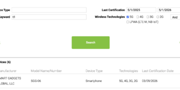 Screenshot of the PTCRB certified devices page showing a listing for a phone from Smart Gadgets Global, LLC