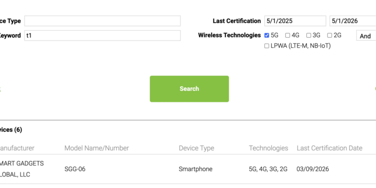 Screenshot of the PTCRB certified devices page showing a listing for a phone from Smart Gadgets Global, LLC