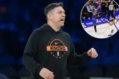 An image collage containing 2 images, Image 1 shows New York Knicks shooting coach Peter Patton yelling during practice, Image 2 shows New York Knicks guard Miles McBride (2) shoots a three-point shot over Philadelphia 76ers guard Quentin Grimes (5) during the second quarter