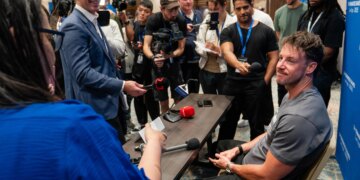 James Magnussen had some choice words for press at a media scrum before the Enhanced Games.