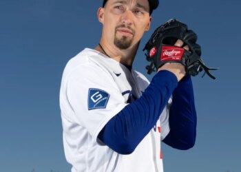 Los Angeles Dodgers pitcher Tony Gonsolin in his uniform at spring training.