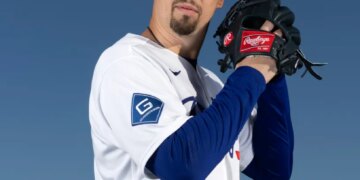 Los Angeles Dodgers pitcher Tony Gonsolin in his uniform at spring training.
