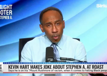 Stephen A. Smith speaking on "Straight Shooter with Stephen A." on SiriusXM, with a headline "Kevin Hart Makes Joke About Stephen A. at Roast".