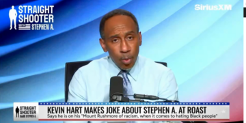 Stephen A. Smith speaking on "Straight Shooter with Stephen A." on SiriusXM, with a headline "Kevin Hart Makes Joke About Stephen A. at Roast".