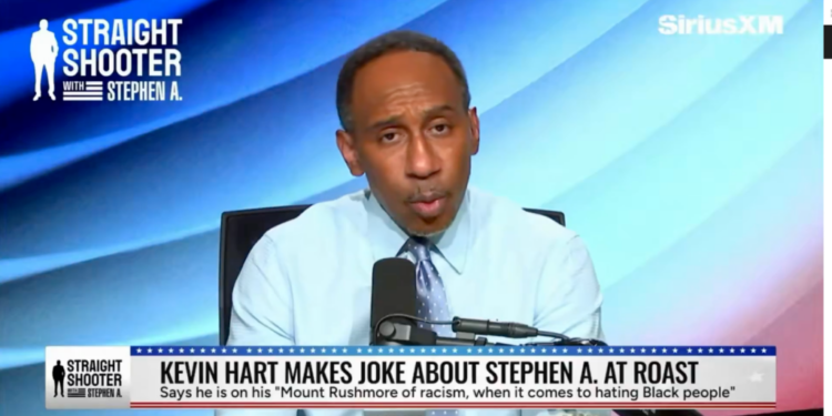 Stephen A. Smith speaking on "Straight Shooter with Stephen A." on SiriusXM, with a headline "Kevin Hart Makes Joke About Stephen A. at Roast".