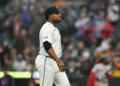 Tigers pitcher Framber Valdez walks off the field after being ejected during the fourth inning against the Red Sox on May 5, 2026.