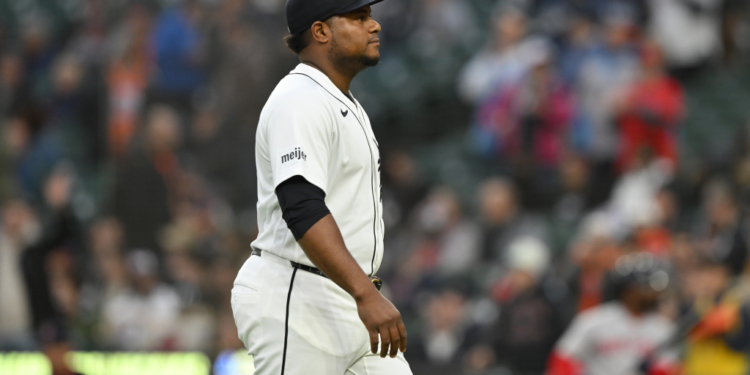 Tigers pitcher Framber Valdez walks off the field after being ejected during the fourth inning against the Red Sox on May 5, 2026.