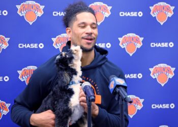 Josh Hart brings a dog with him to Knicks practice on May 13, 2026.