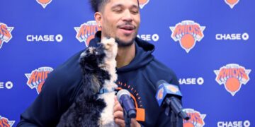 Josh Hart brings a dog with him to Knicks practice on May 13, 2026.