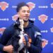 Josh Hart brings a dog with him to Knicks practice on May 13, 2026.