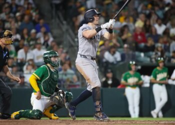Ben Rice belts a solo home run in the Yankees' win over the A's on May 29, 2026 in West Sacramento, Calif.