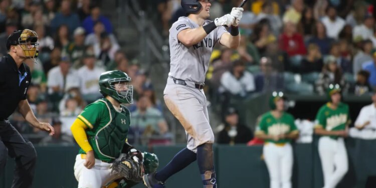 Ben Rice belts a solo home run in the Yankees' win over the A's on May 29, 2026 in West Sacramento, Calif.