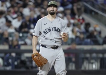 Carlos Rodón wears a frustrated expression during the fourth inning of the Yankees' 6-3 loss to the Mets in Game 2 of the Subway Series on May 16, 2026 at Citi Field.