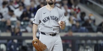 Carlos Rodón wears a frustrated expression during the fourth inning of the Yankees' 6-3 loss to the Mets in Game 2 of the Subway Series on May 16, 2026 at Citi Field.