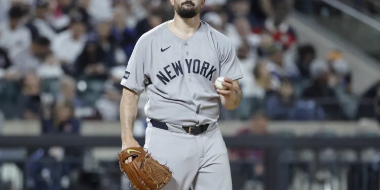 Carlos Rodón wears a frustrated expression during the fourth inning of the Yankees' 6-3 loss to the Mets in Game 2 of the Subway Series on May 16, 2026 at Citi Field.