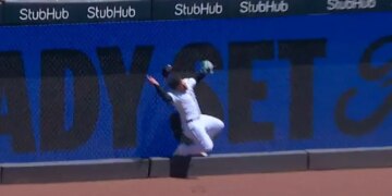 Yankees outfielder Jasson Dominguez crashes into the wall making a catch in the first inning on May 7, 2026.