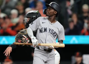 Jazz Chisholm Jr. reacts after striking out in the ninth inning of the Yankees' loss to the Orioles on May 11, 2026 in Baltimore.