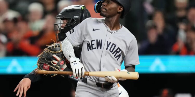 Jazz Chisholm Jr. reacts after striking out in the ninth inning of the Yankees' loss to the Orioles on May 11, 2026 in Baltimore.