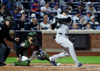 New York Yankees right fielder Spencer Jones connects on a RBI single against the New York Mets in the fifth inning during the Subway Series at Citi field in the Queens, New York, USA, Friday, May 15, 2026.