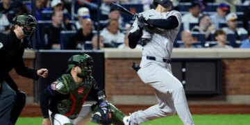 New York Yankees right fielder Spencer Jones connects on a RBI single against the New York Mets in the fifth inning during the Subway Series at Citi field in the Queens, New York, USA, Friday, May 15, 2026.