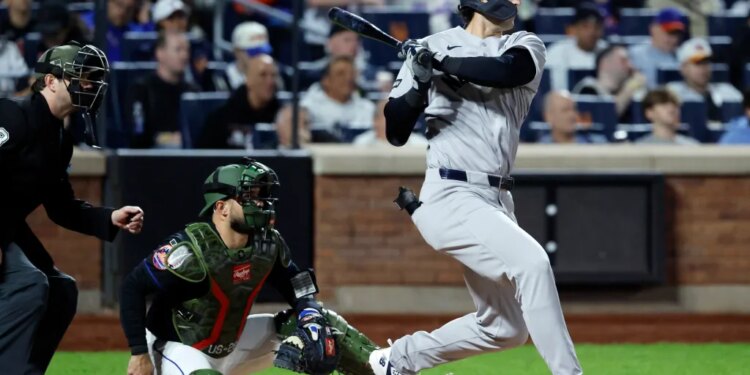 New York Yankees right fielder Spencer Jones connects on a RBI single against the New York Mets in the fifth inning during the Subway Series at Citi field in the Queens, New York, USA, Friday, May 15, 2026.