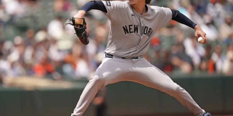 Max Fried throws a pitch during the Yankees' loss to the Orioles on May 13, 2026 in Baltimore.