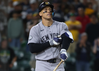Aaron Judge reacts after being one of three Yankees to draw a bases loaded walk during the ninth inning of their 6-4 loss to the A's on May 30, 2026 in West Sacramento, Calif.