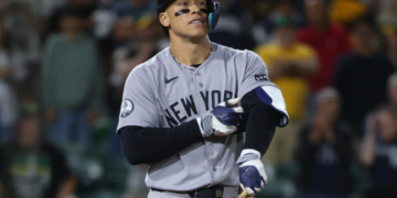 Aaron Judge reacts after being one of three Yankees to draw a bases loaded walk during the ninth inning of their 6-4 loss to the A's on May 30, 2026 in West Sacramento, Calif.