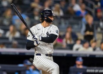 New York Yankees Spencer Jones (78) hits a single in the fifth inning against the Toronto Blue Jays at Yankee Stadium, Thursday, May 21, 2026, in Bronx, NY.