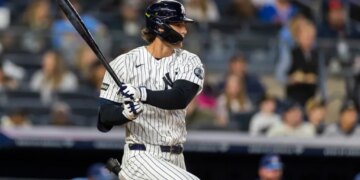 New York Yankees Spencer Jones (78) hits a single in the fifth inning against the Toronto Blue Jays at Yankee Stadium, Thursday, May 21, 2026, in Bronx, NY.