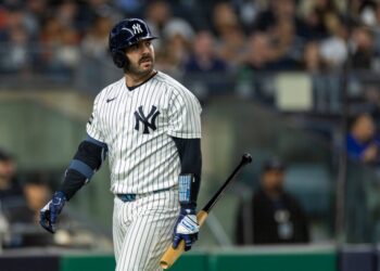 New York Yankees' Austin Wells strikes out in the fourth inning.