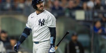 New York Yankees' Austin Wells strikes out in the fourth inning.