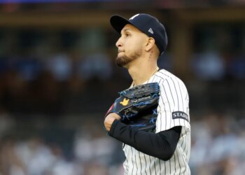 05/05/26: New York Yankees pitcher Elmer Rodríguez reacts on the mound in the first inning at Yankee Stadium in The Bronx, New York, USA, Tuesday, May 05, 2026. Photo By: JASON SZENES/ NY POST