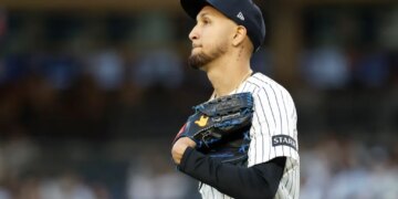 05/05/26: New York Yankees pitcher Elmer Rodríguez reacts on the mound in the first inning at Yankee Stadium in The Bronx, New York, USA, Tuesday, May 05, 2026. Photo By: JASON SZENES/ NY POST