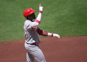 Jordan Walker celebrates his two-run home run.
