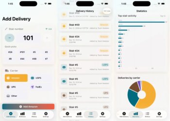 Three screenshots of an app, showing the specific location of various deliveries.