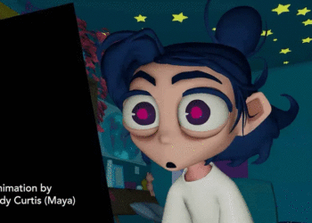 An animated gif of a young woman typing on her laptop at a desk.