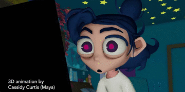 An animated gif of a young woman typing on her laptop at a desk.