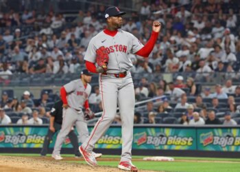 Aroldis Chapman (44) dominates during the ninth inning when the New York Yankees played the Boston Red Sox Friday, June 5, 2026 at Yankee Stadium in the Bronx, NY.