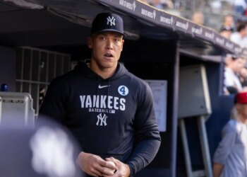 New York Yankees right fielder Aaron Judge in the dugout.
