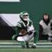 Jets wide receiver Adonai Mitchell (15) completes a reception for a touchdown during the third quarter of the Jets and Atlanta Falcons game in East Rutherford, NJ.